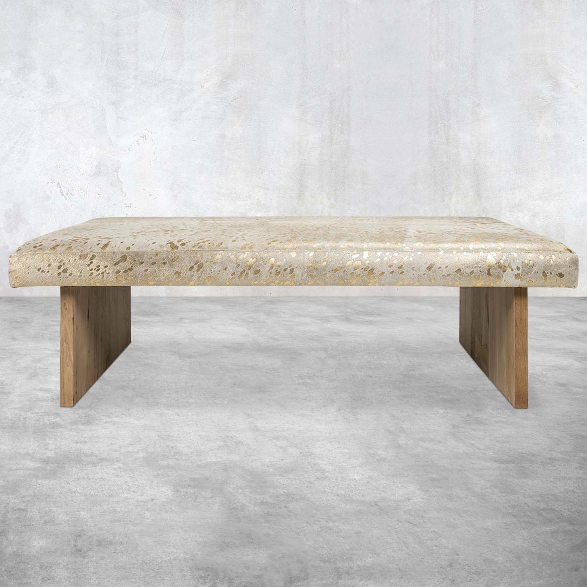Bonanza Bench in Gold Speckled Foil with Natural Cowhide