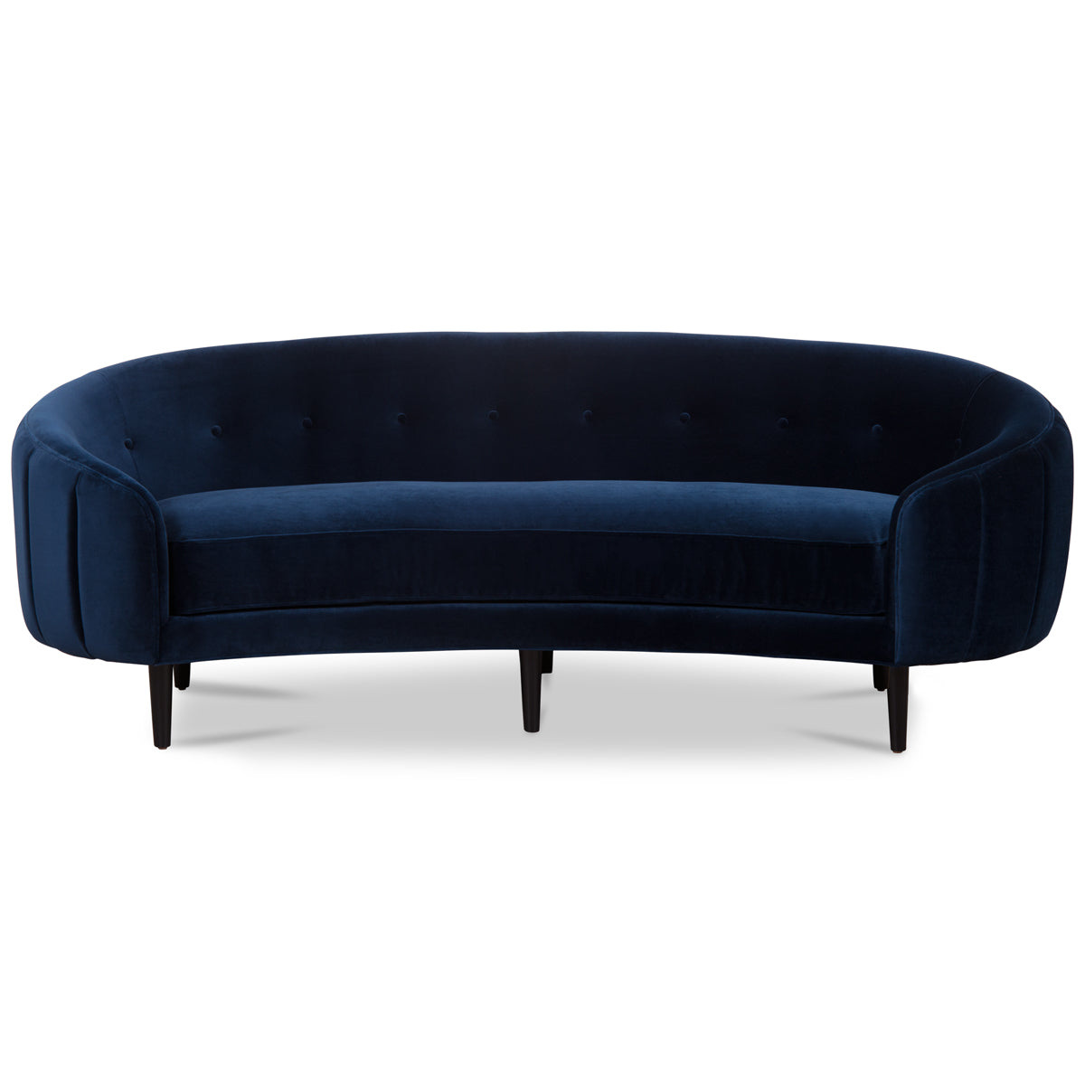 Art Deco style petite sofa with a channel tufted back, six black cone legs, a low back that extends into rounded arms and velvet como indigo upholstery throughout.