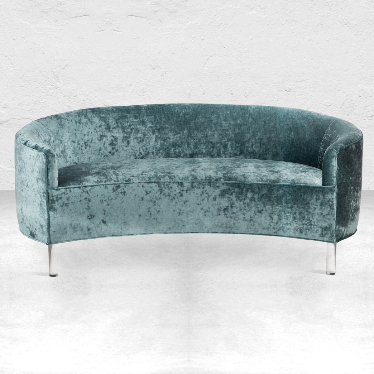 Art Deco Petite Sofa in Crushed Velvet and Round Lucite Legs
