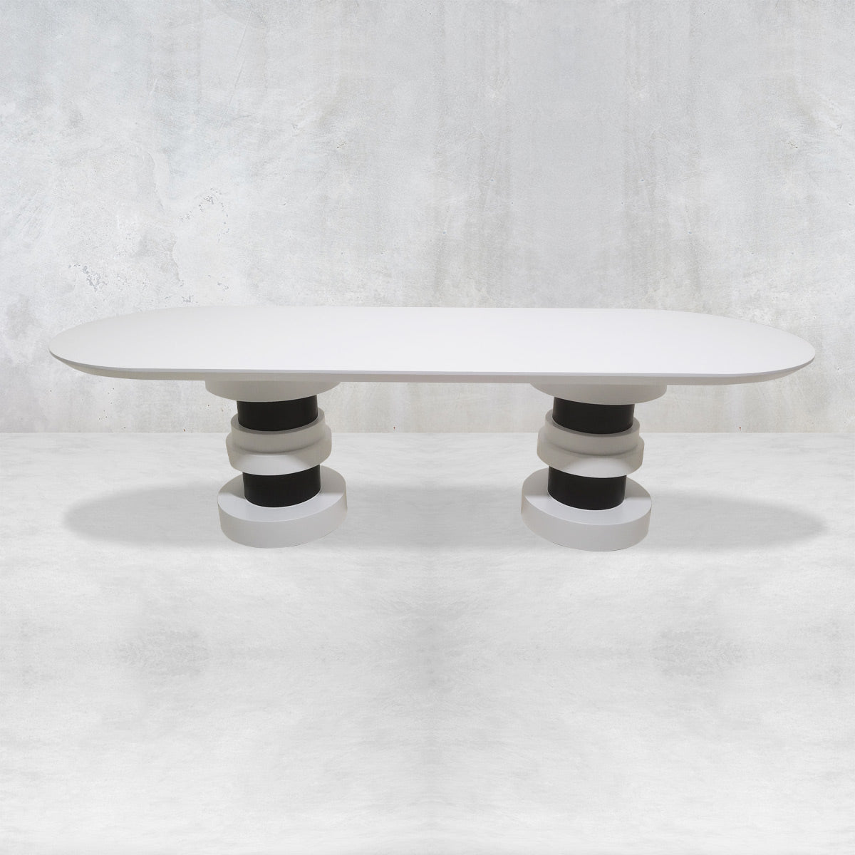 Boca Dining Table in Double Black and White Pedestal with Matte White Top