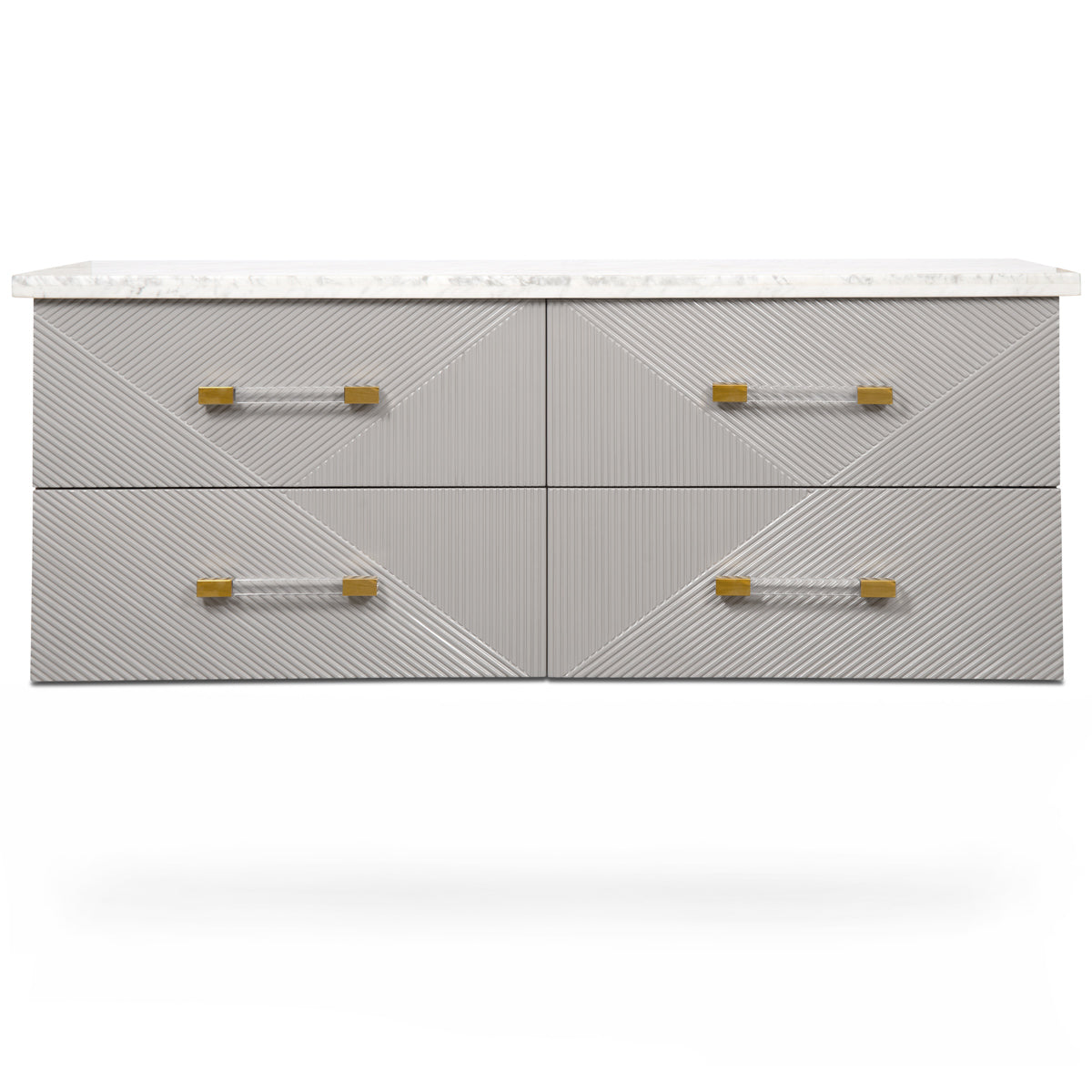 Double vanity with four drawers, Lucite and brass drawer pulls, a light marble top and a textured gray front.