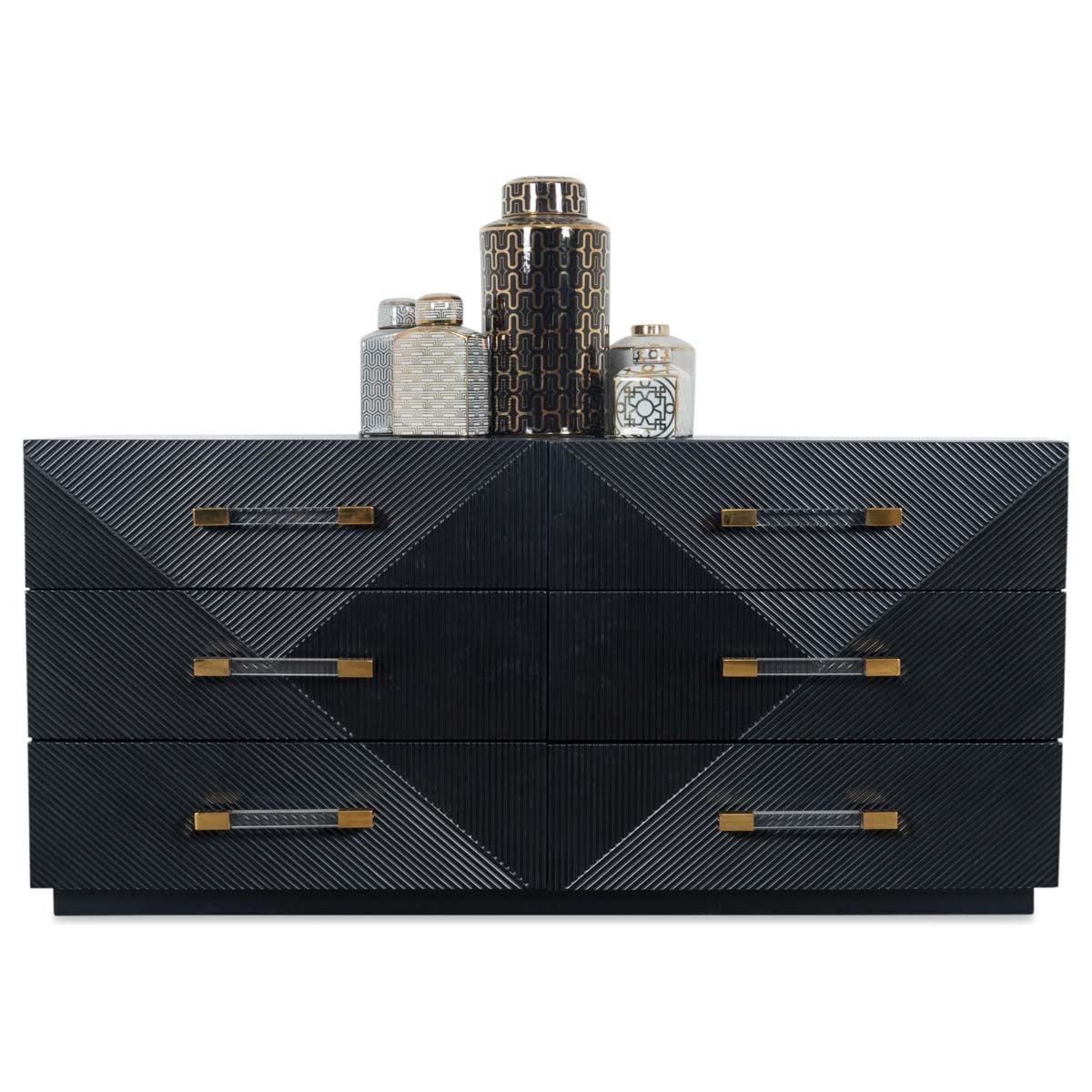 Six-drawer dresser with a black finish, textured front panels, black pedestal base and combination brass and Lucite drawer pulls.