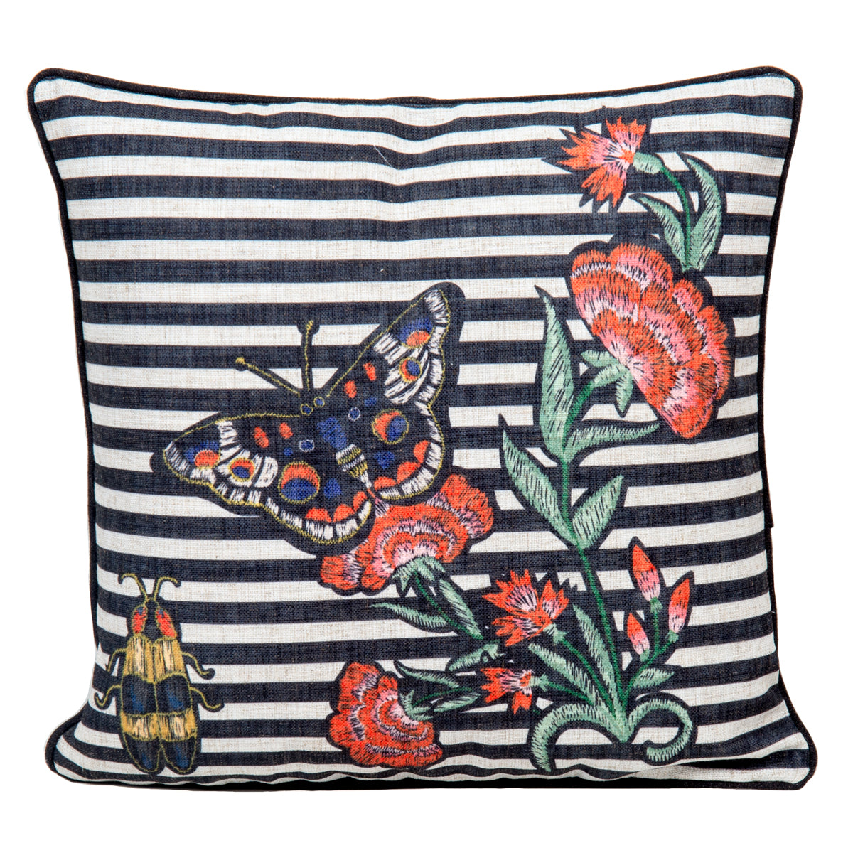 Black and white striped throw pillow with colorful butterflies and red flowers embroidered on the front.