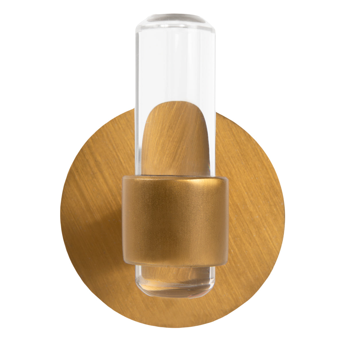 Modern robe hook with a brushed brass base and a Lucite peg.