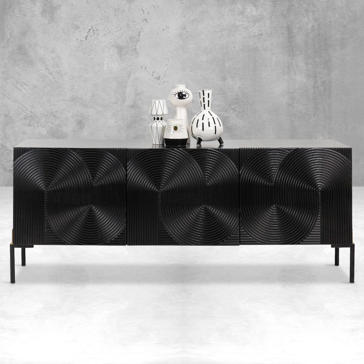 8 Track 3 Door Credenza with Matte Black and Brass Post Legs
