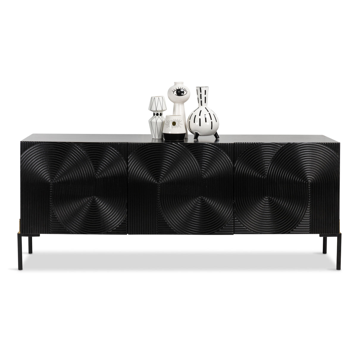 8 Track 3 Door Credenza with Matte Black and Brass Post Legs
