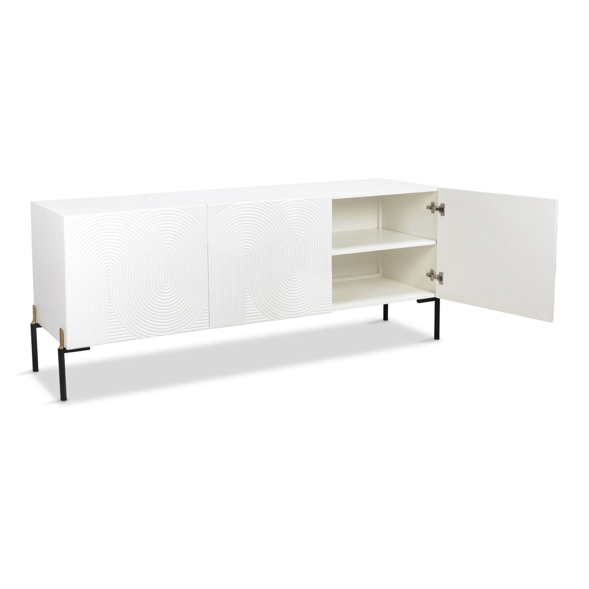 8 Track 3 Door Credenza with Matte Black and Brass Post Legs