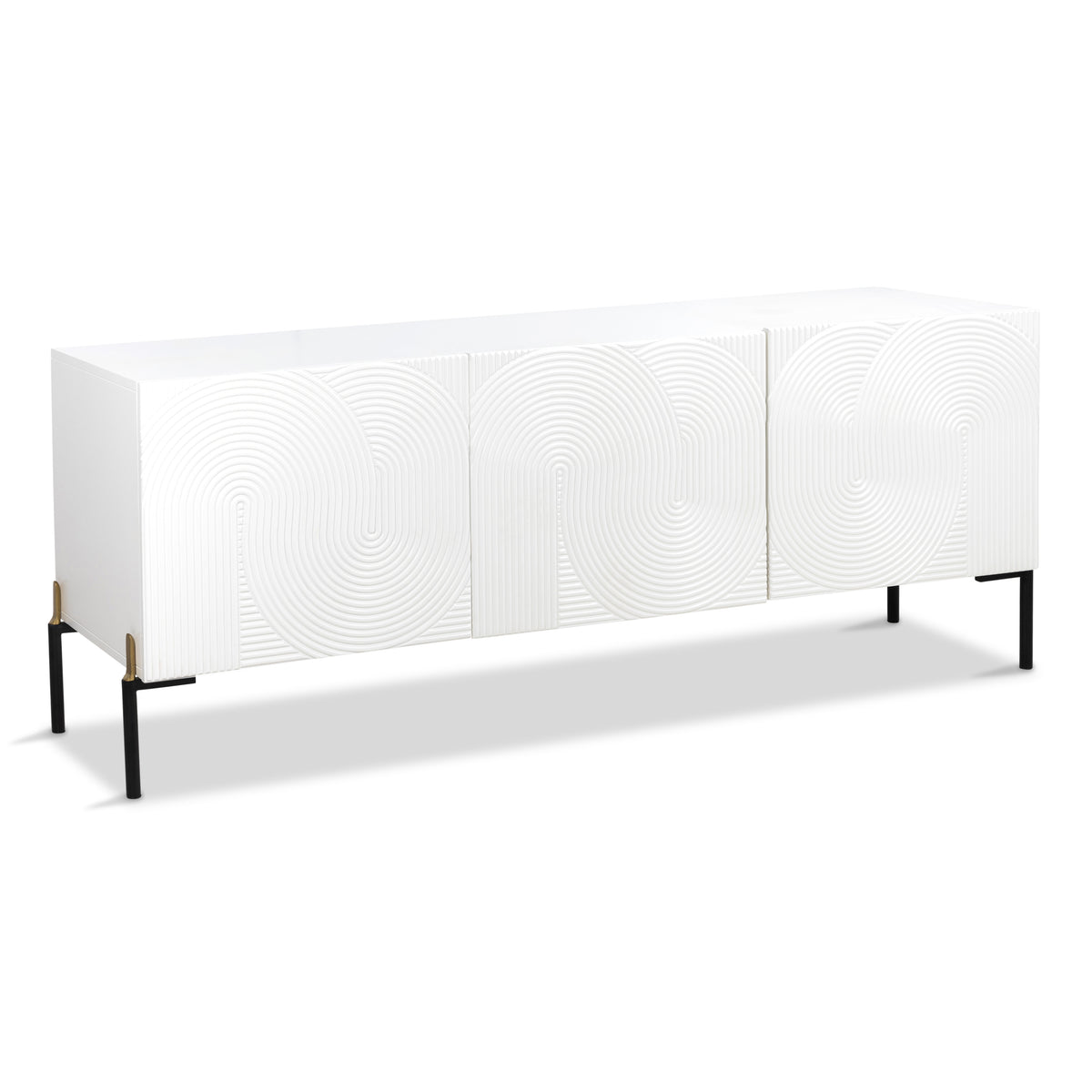 8 Track 3 Door Credenza with Matte Black and Brass Post Legs