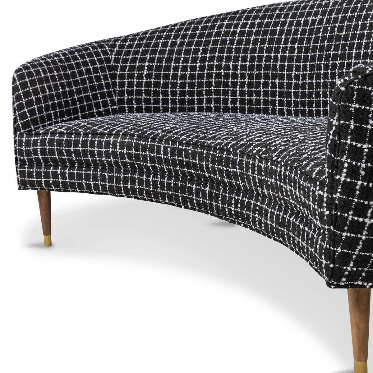 Art Deco Petite Sofa in Knit Black Linen with Oiled Walnut and Brushed Brass Legs