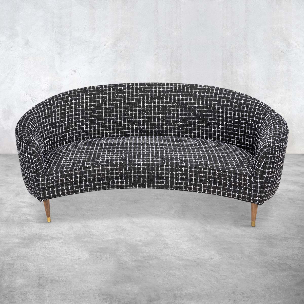 Art Deco Petite Sofa in Knit Black Linen with Oiled Walnut Cone