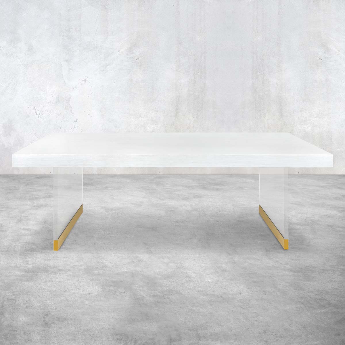 Durban 2 Dining Table with White Washed Oak and Lucite Rectangle Legs with Shiny Brass tip