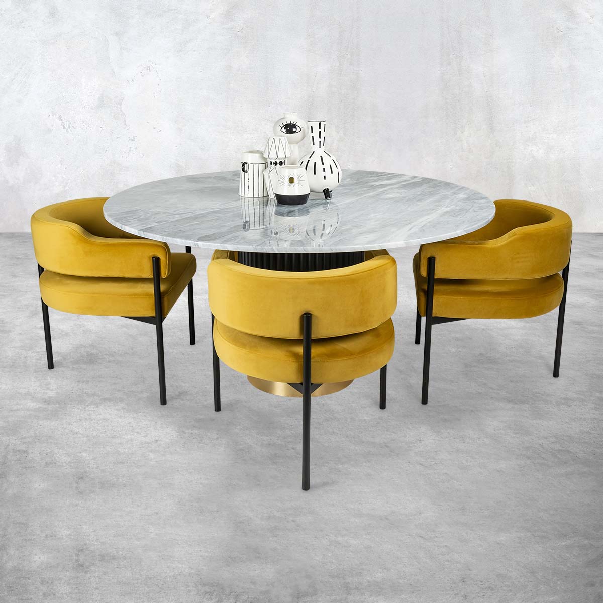 Ubud Round Dining Table with Italian Grey Marble Top and Matte Black Brushed Brass Base