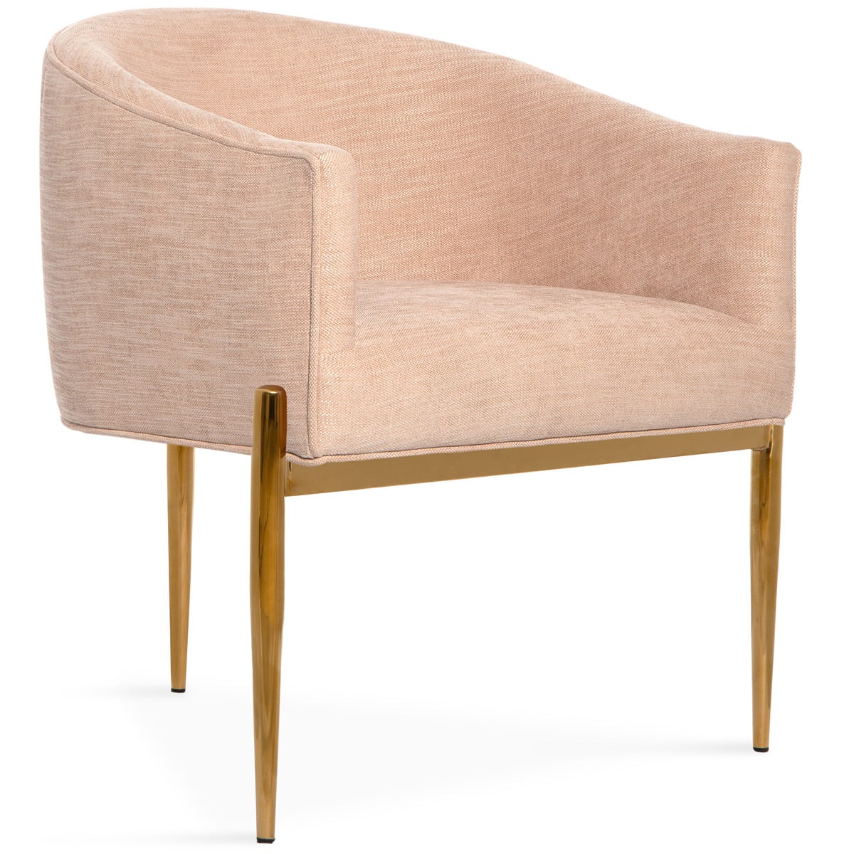 Art Deco style dining chair with three brass-colored legs and coral chenille upholstered seat, back and arms.
