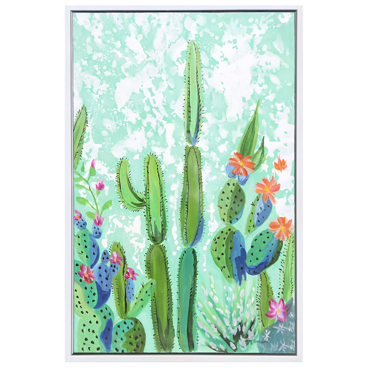 Framed painting of four cacti with cacti flowers on a blue-green watercolor style background.