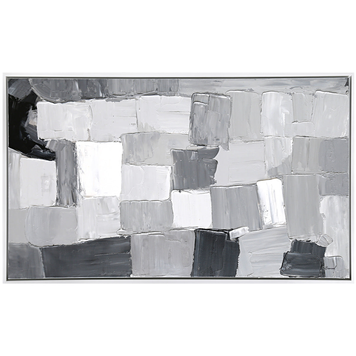 Monochromatic abstract painting of gray squares with a simple white frame.