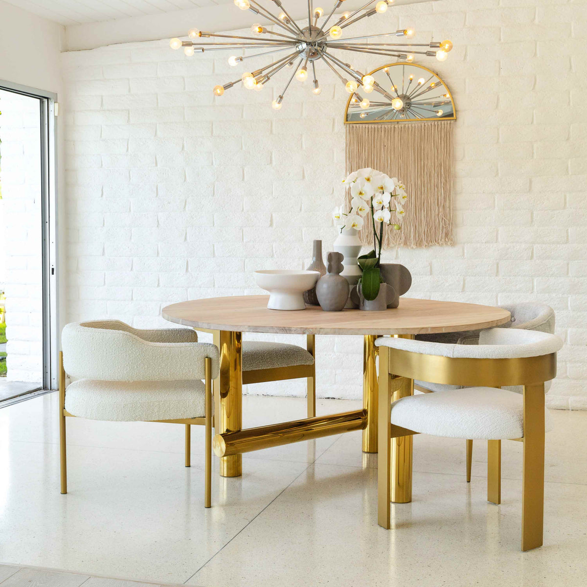 Bronx Dining Table in Bleached Acacia Top and Polished Brass Base