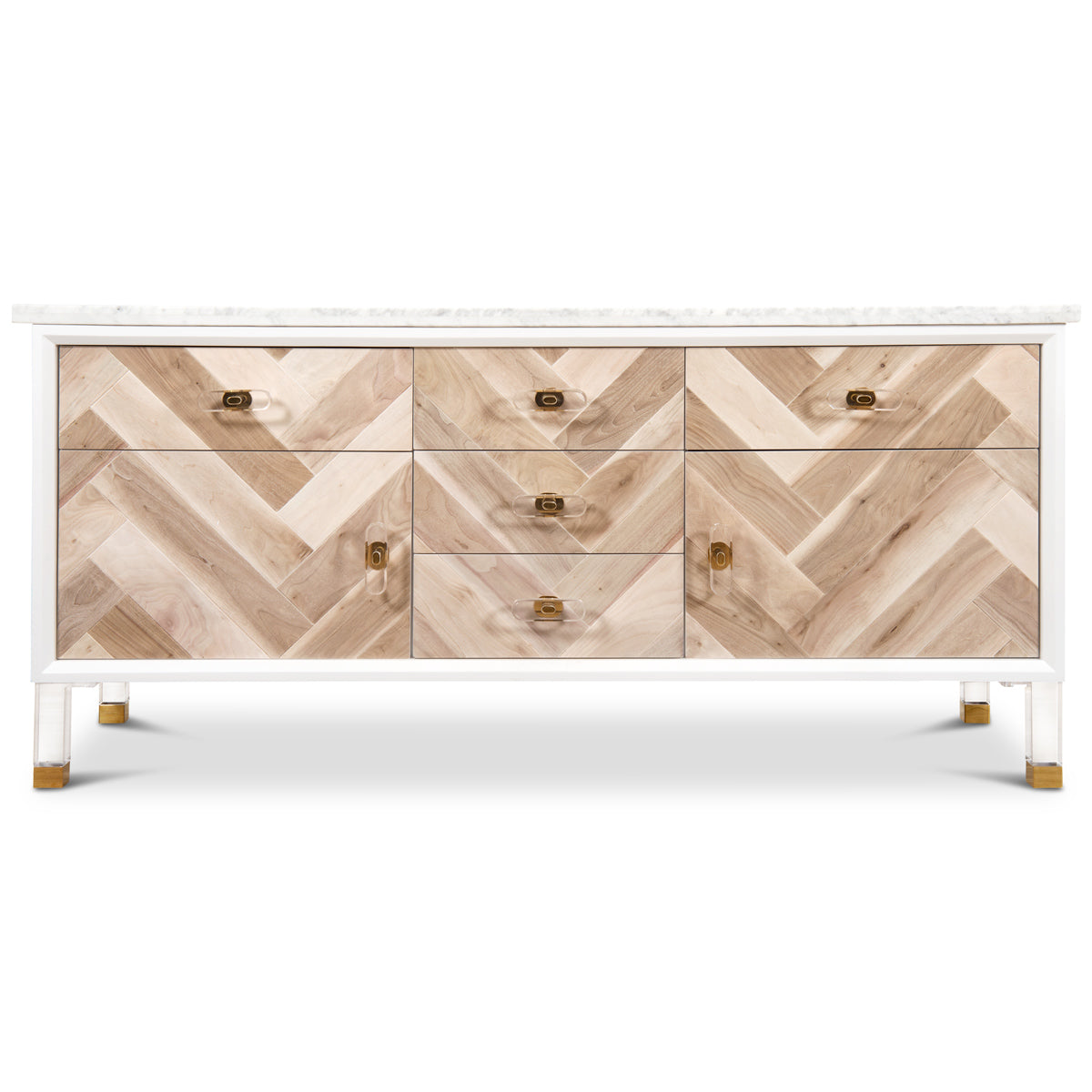 Double vanity with a white frame, five drawers, two cabinets, Lucite and brass legs, Lucite drawer pulls and a bleached walnut chevron plank front.