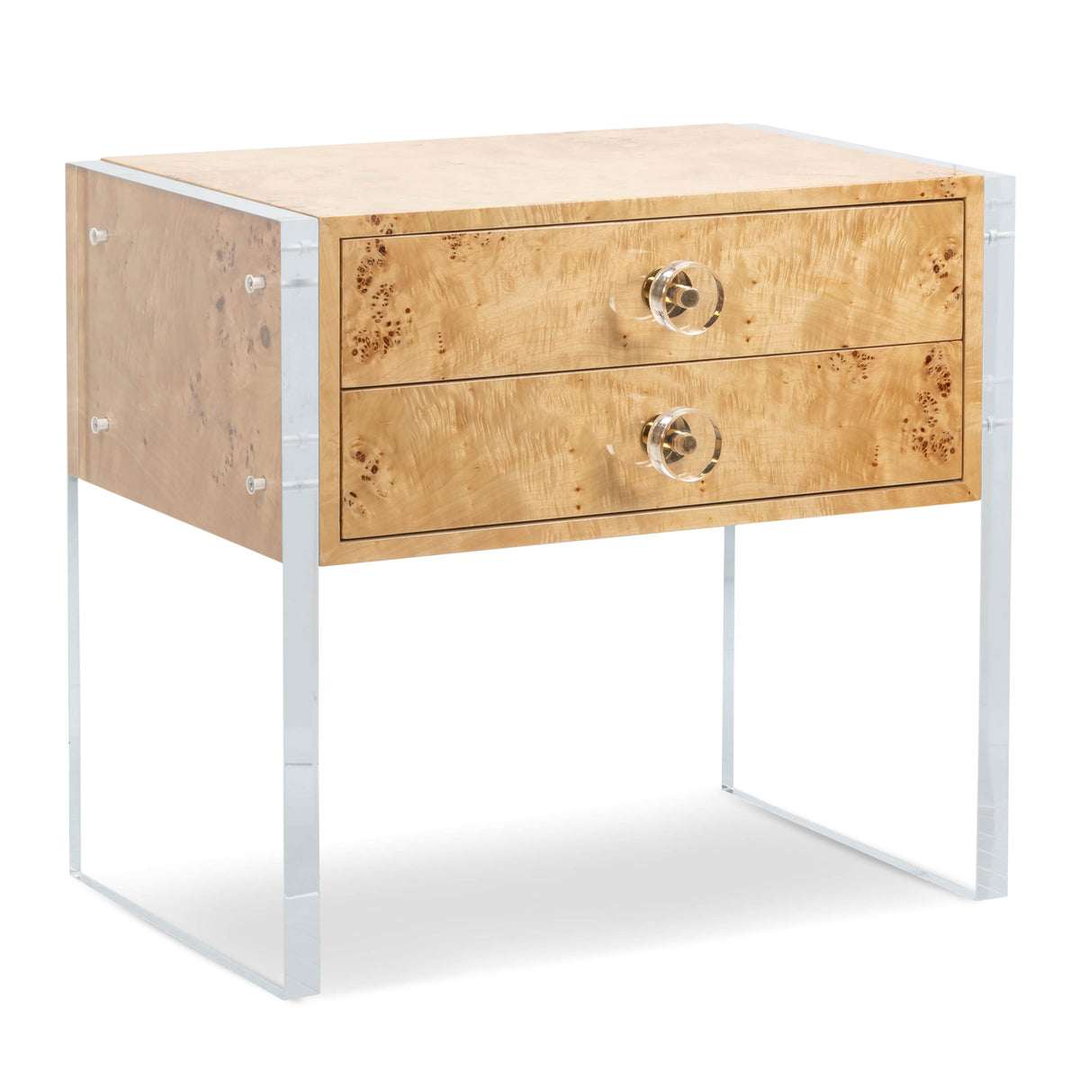 Goldfinger 2 Drawer Side Table in Burled Wood and Lucite Plinth Legs