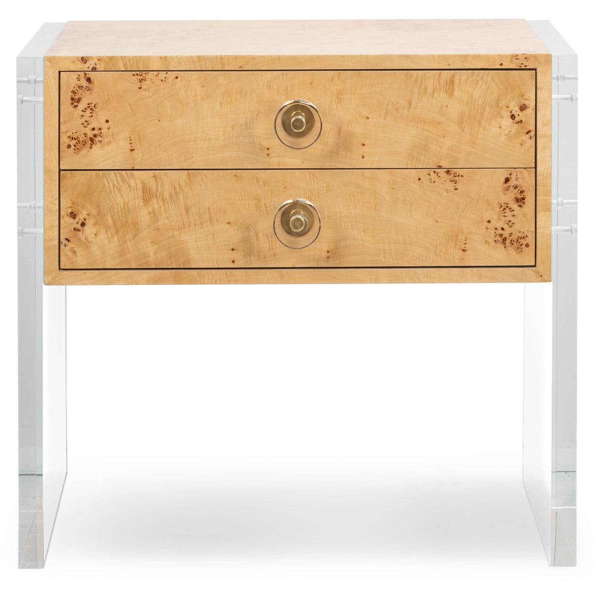 Goldfinger 2 Drawer Side Table in Burled Wood and Lucite Plinth Legs