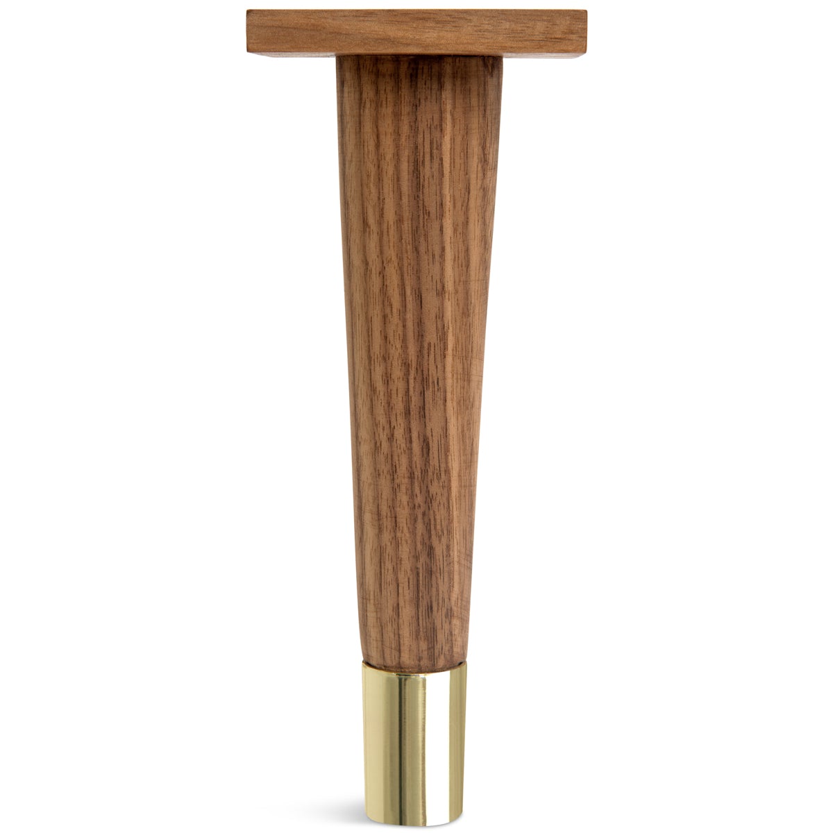 Cone furniture leg in oiled walnut with a shiny brass foot cap and an integrated mounting plate.
