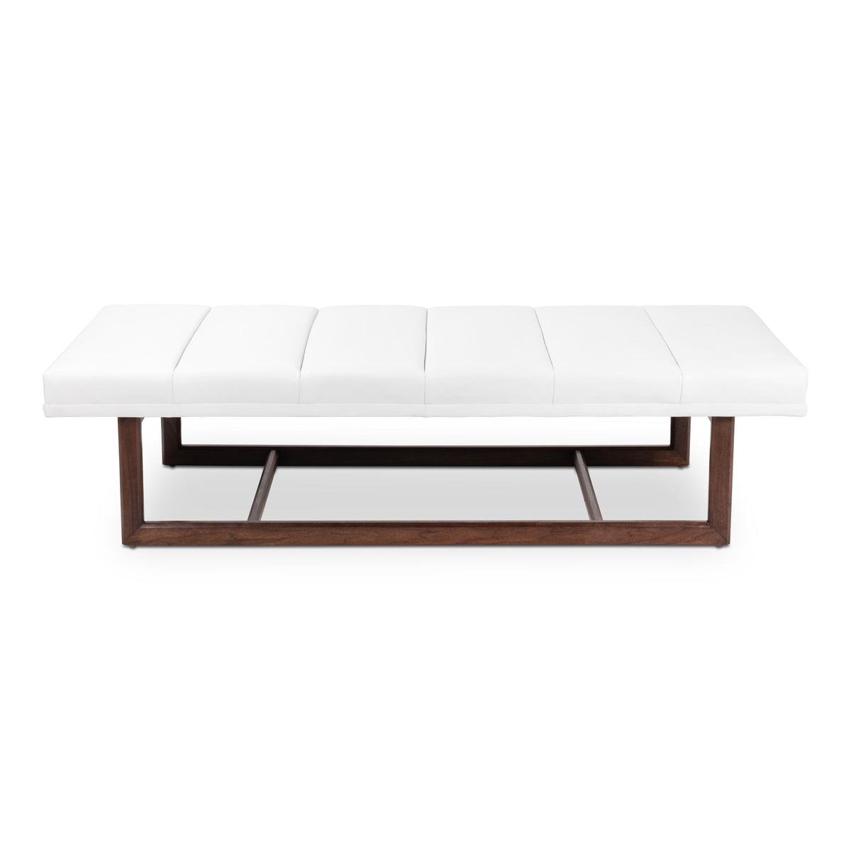 Mid-Century Bench in Faux White Leather and Walnut Frame