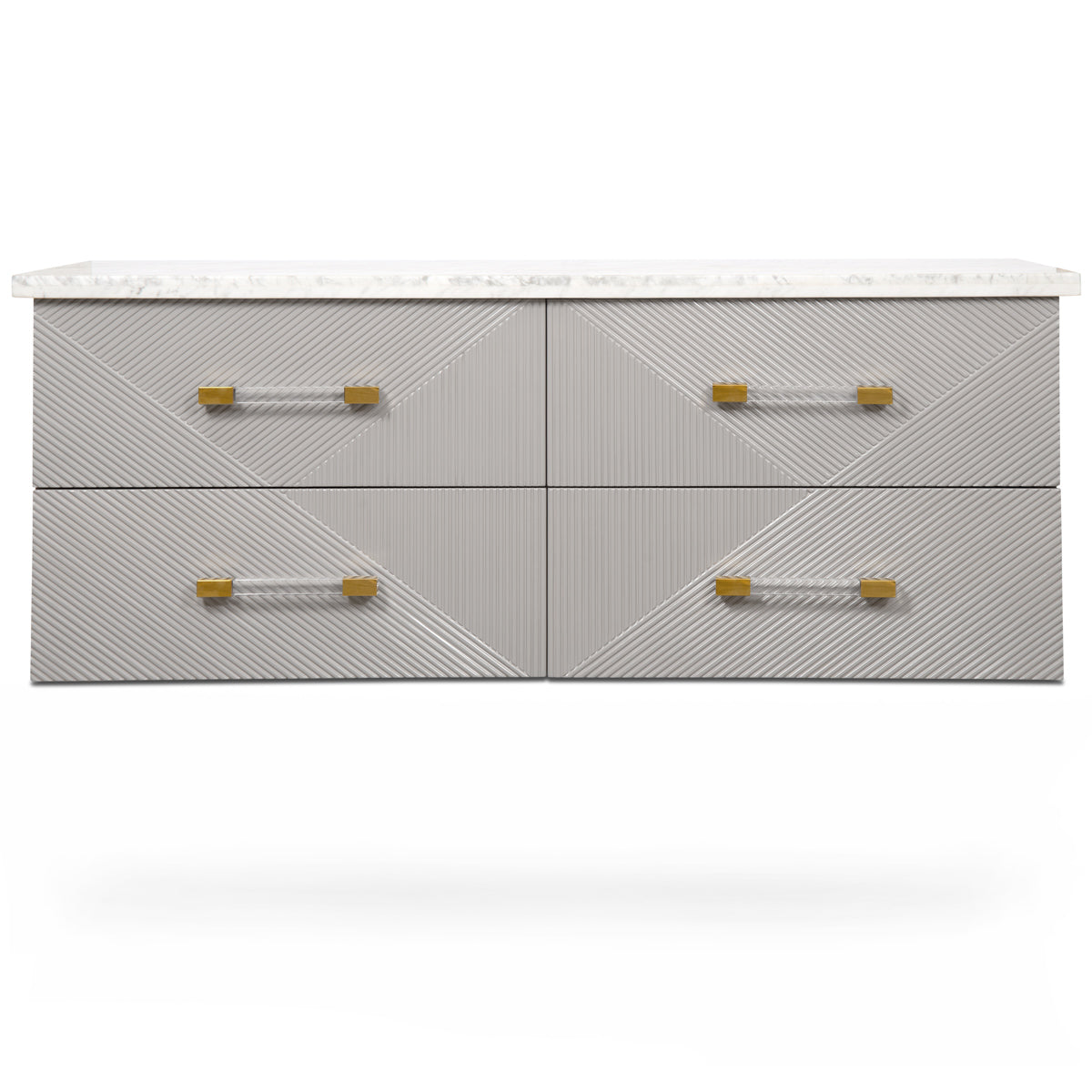 Double vanity with four drawers, Lucite and brass drawer pulls, a light marble top and a textured gray front.