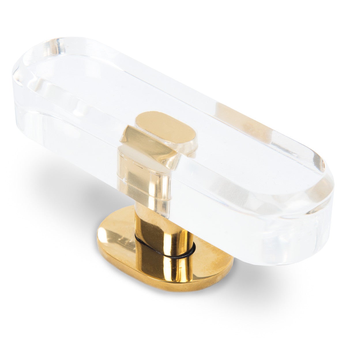Polished brass and Lucite oval drawer pull or cabinet knob.