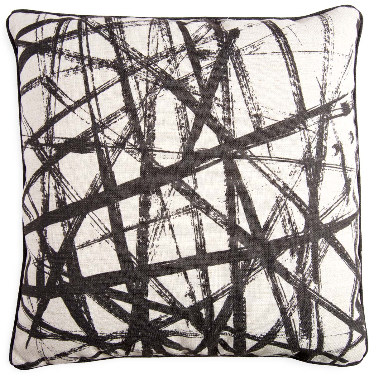 Throw pillow with a white background and black brush strokes design.
