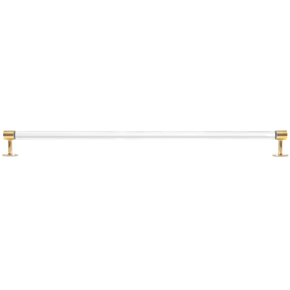 Round curtain rod with polished brass ends and a clear Lucite rod.