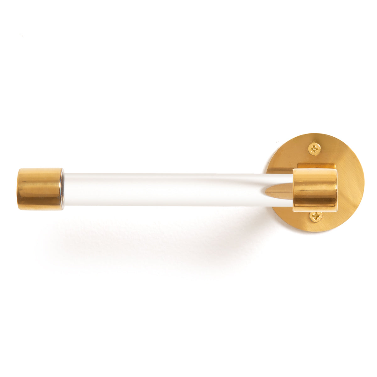 Open-style toilet paper holder with a polished brass finish and a Lucite bar in the center of the arm.