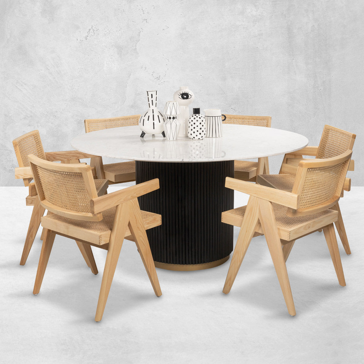 Ubud Round Dining Table Marble Top and Black Matte Base
